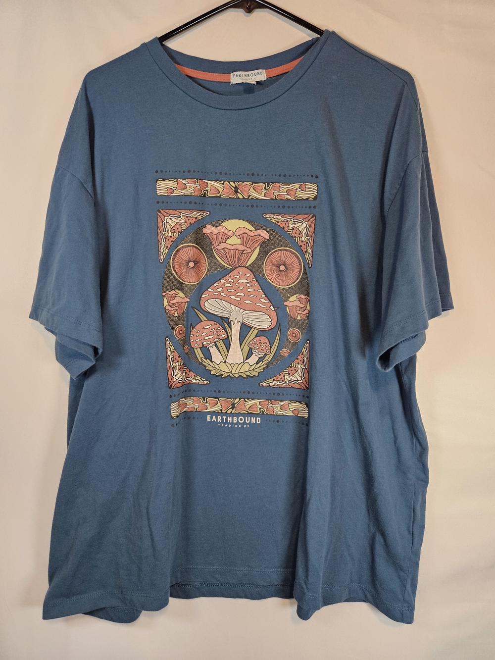 EARTHBOUND Blue Tee with Pink & Yellow Mushroom Art